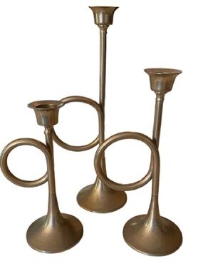 VTG Solid Brass Horn Candle Holders Set of 3 Graduated Trumpet Bugle MCM Boho